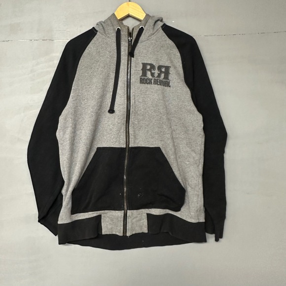 Rock Revival Mens Zip Up Hoodie Grey Black Raglan Logo Size L - Picture 2 of 4